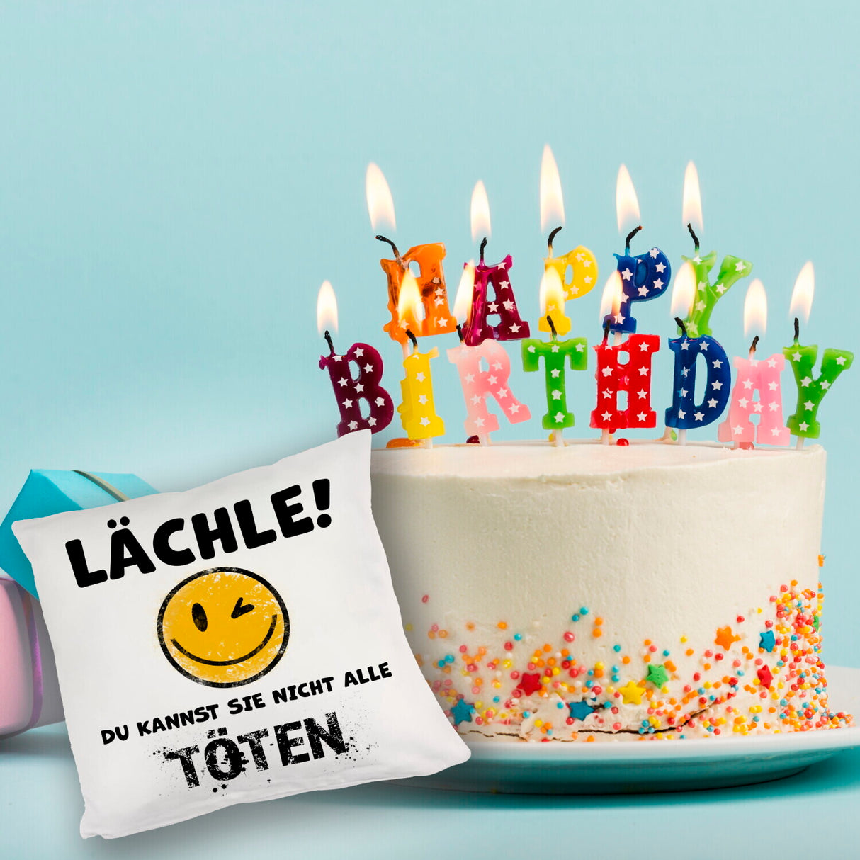 Emoticon Kissen mit Spruch - Lächle du kannst sie nicht alle töten