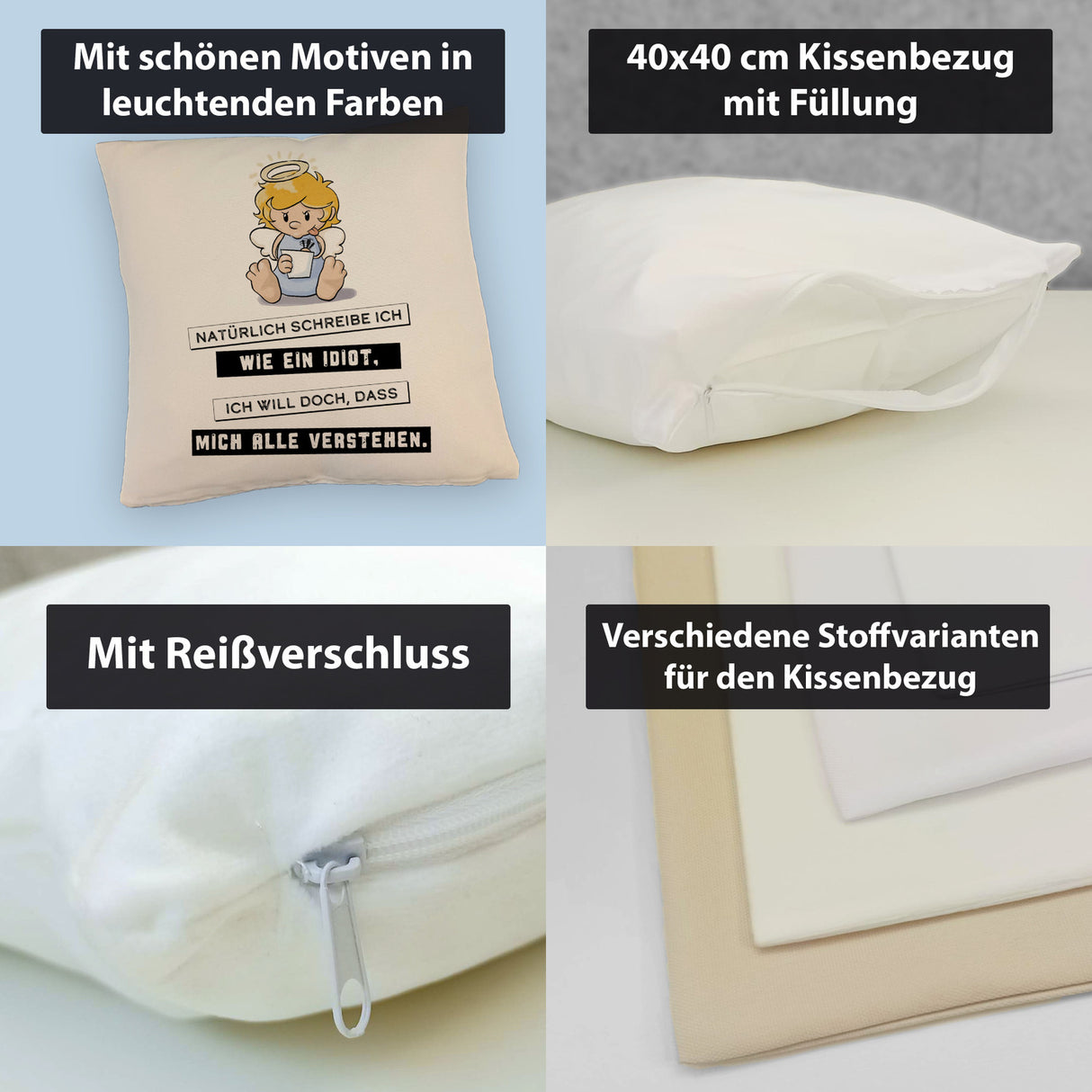 Engel Kissen mit Spruch - Ich schreib wie ein Idiot, damit alle verstehen