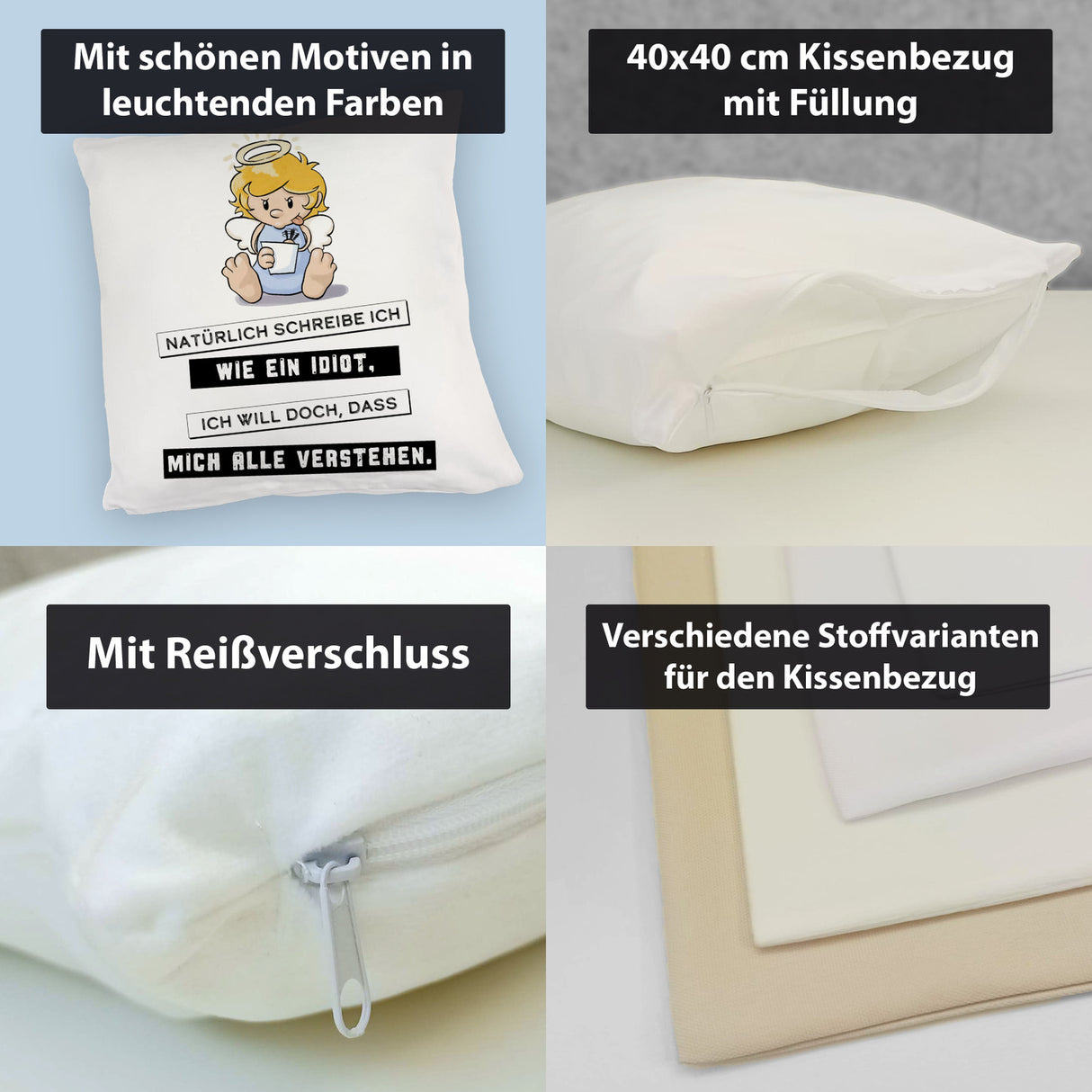 Engel Kissen mit Spruch - Ich schreib wie ein Idiot, damit alle verstehen