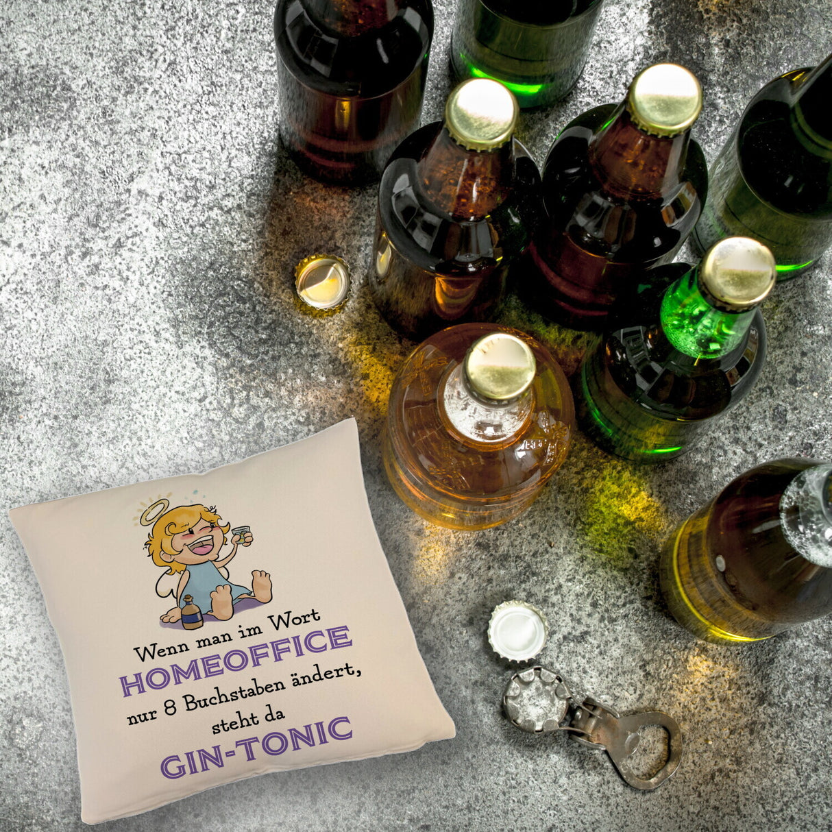 Engel Kissen mit Spruch - Homeoffice klingt ähnlich wie Gin-Tonic