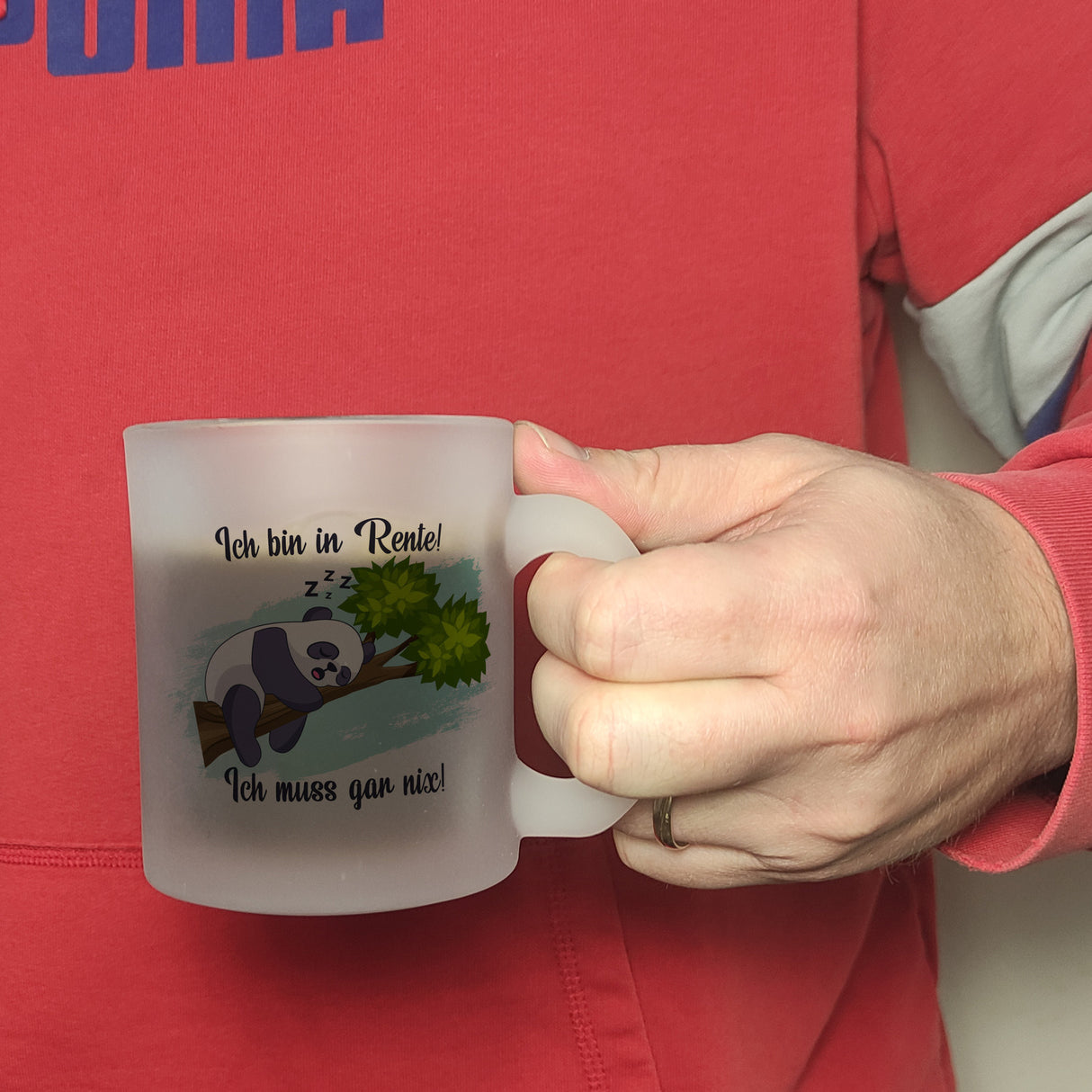 Panda Kaffeebecher mit Spruch Ich bin in Rente Ich muss gar nix