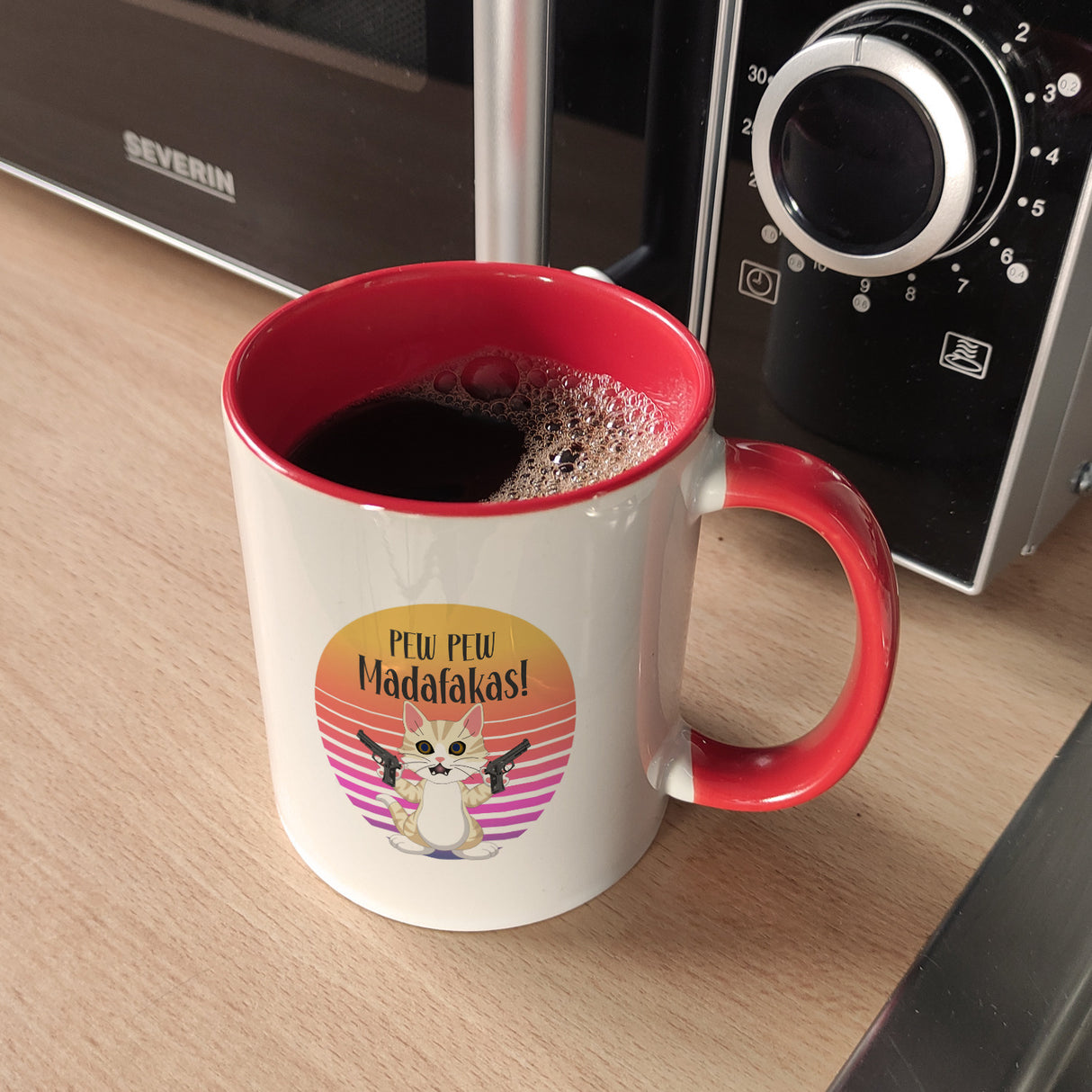 PEW PEW Madafakas Kaffeebecher mit lustigem Katzen Motiv
