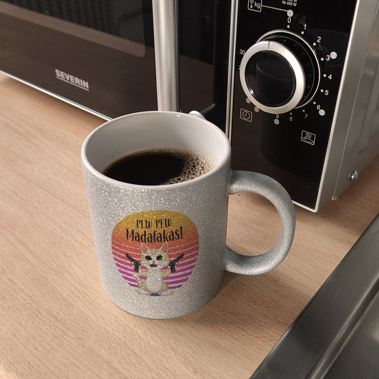 PEW PEW Madafakas Kaffeebecher mit lustigem Katzen Motiv