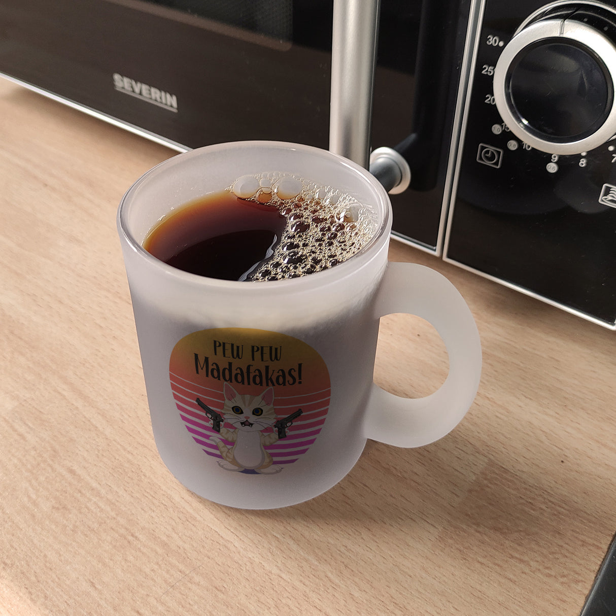 PEW PEW Madafakas Kaffeebecher mit lustigem Katzen Motiv