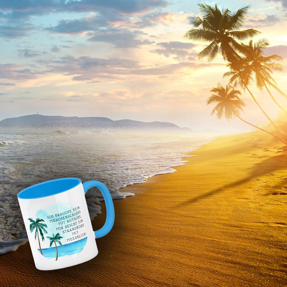 Strandkorb und Meerblick Kaffeebecher mit Spruch