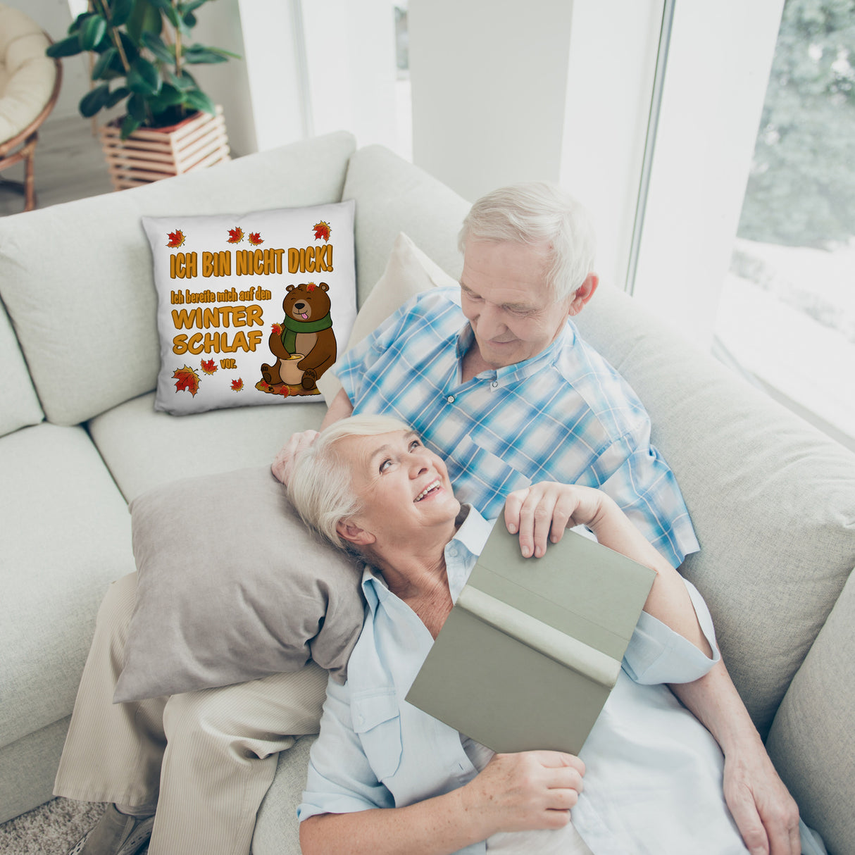 Bär mit Honigtopf im Herbst Kissen mit Spruch