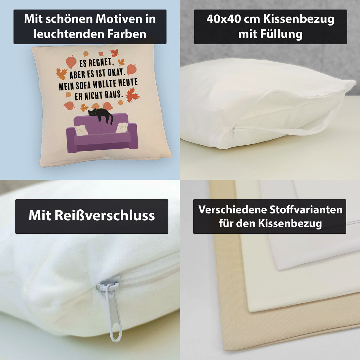 Katzen Kissen mit Spruch Es regnet aber mein Sofa wollte nicht raus