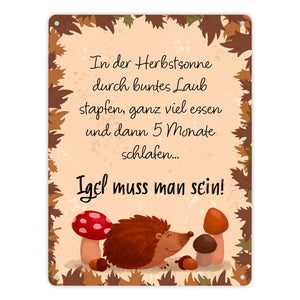 Winterschlaf Herbst Metallschild in 15x20 cm mit Spruch - Igel muss man sein