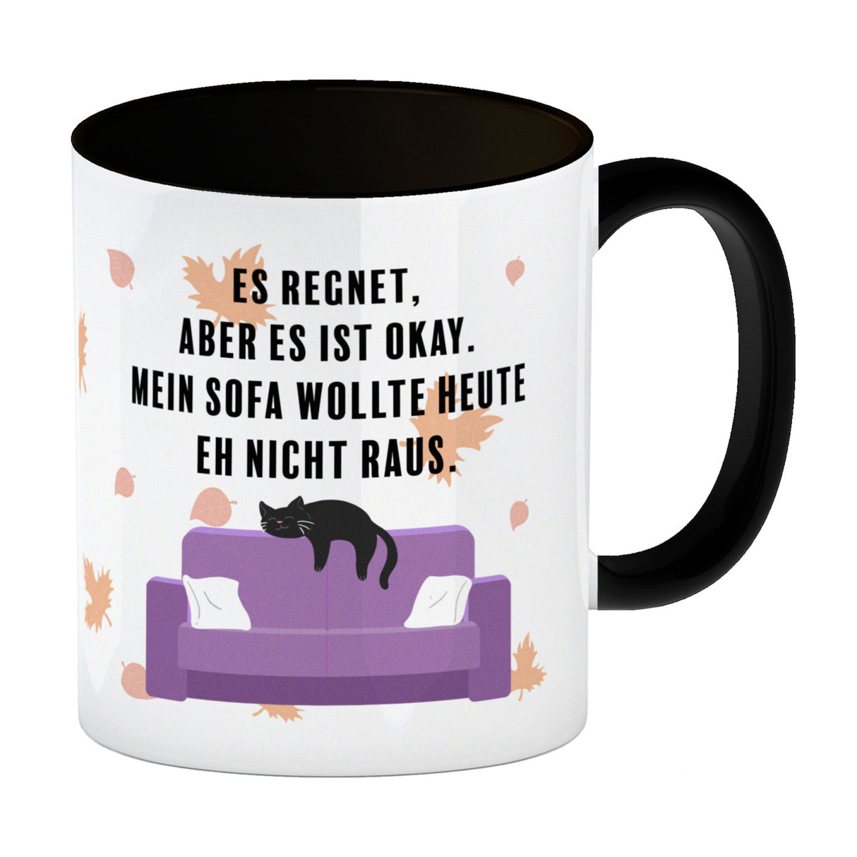 Faule Katze Kaffeebecher mit Spruch Es regnet mein Sofa wollte nicht raus