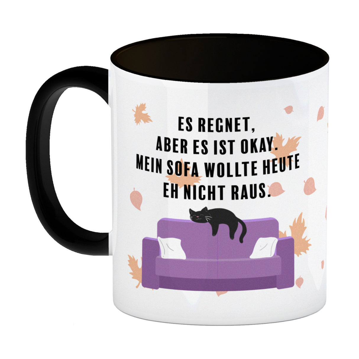 Faule Katze Kaffeebecher mit Spruch Es regnet mein Sofa wollte nicht raus