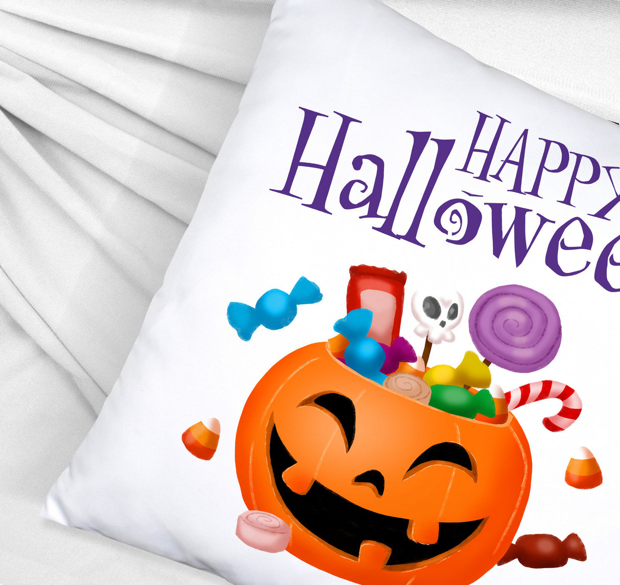 Happy Halloween Kissen mit Kürbis voller Süßigkeiten