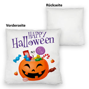 Happy Halloween Kissen mit Kürbis voller Süßigkeiten
