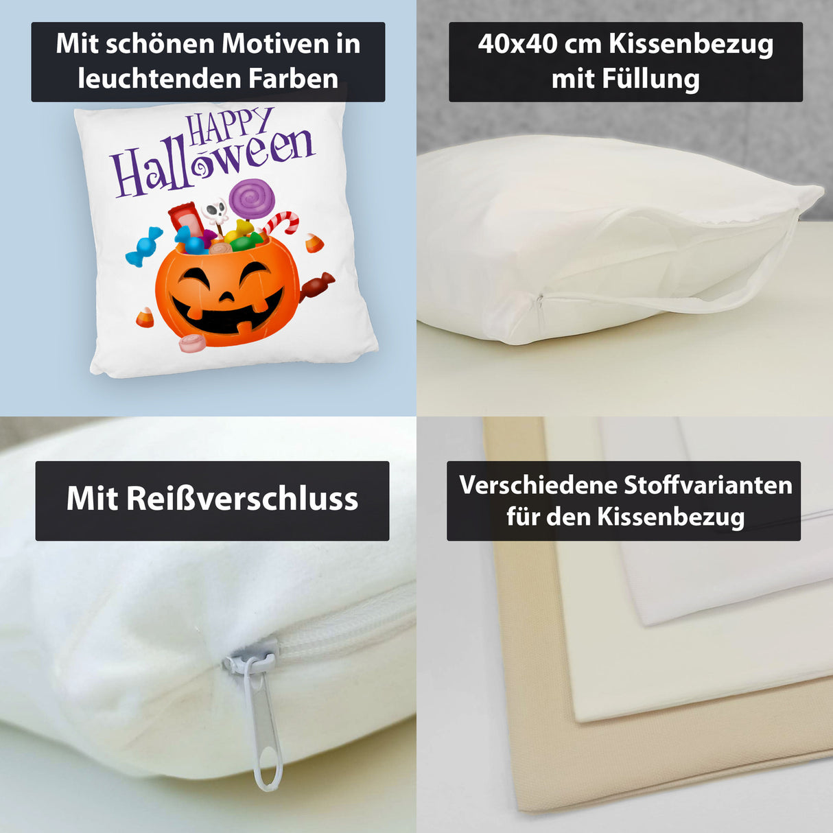 Happy Halloween Kissen mit Kürbis voller Süßigkeiten