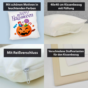 Happy Halloween Kissen mit Kürbis voller Süßigkeiten