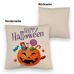 Happy Halloween Kissen mit Kürbis voller Süßigkeiten