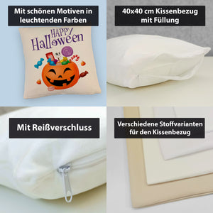 Happy Halloween Kissen mit Kürbis voller Süßigkeiten