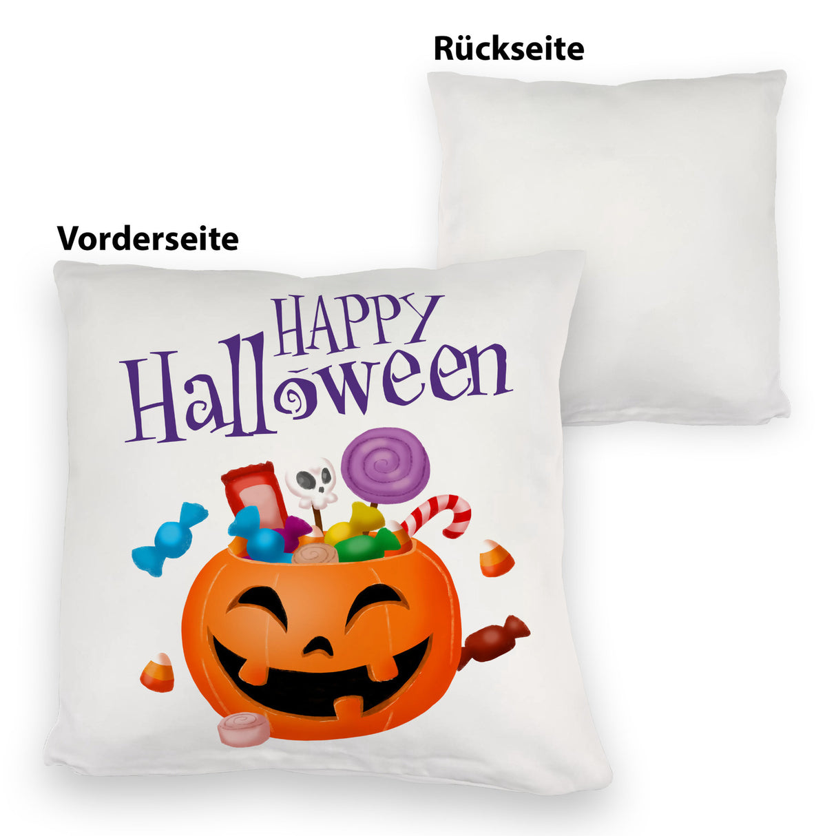 Happy Halloween Kissen mit Kürbis voller Süßigkeiten