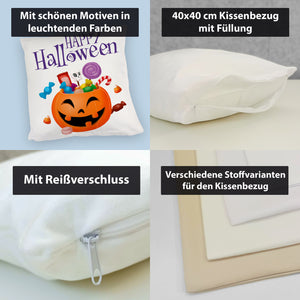 Happy Halloween Kissen mit Kürbis voller Süßigkeiten