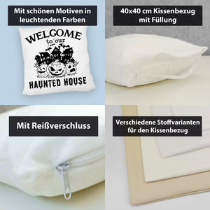 Geisterhaus Halloween Kissen mit Spruch - Welcome to our haunted house