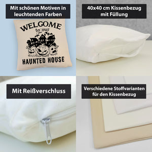 Geisterhaus Halloween Kissen mit Spruch - Welcome to our haunted house