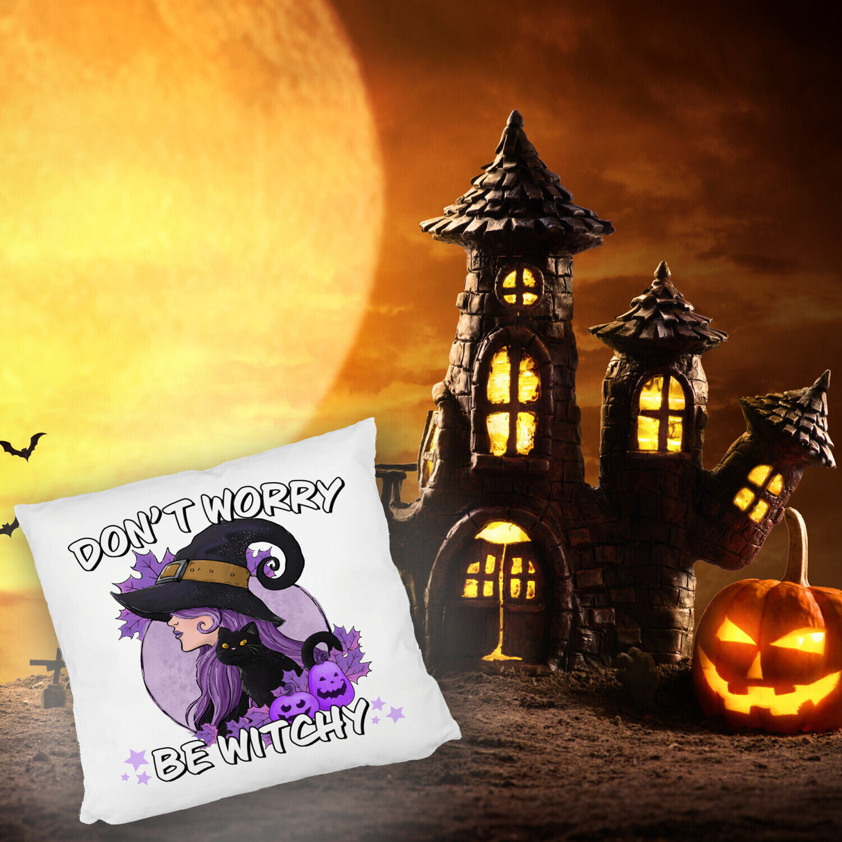 Hexen Kissen mit Spruch - Don't worry be witchy