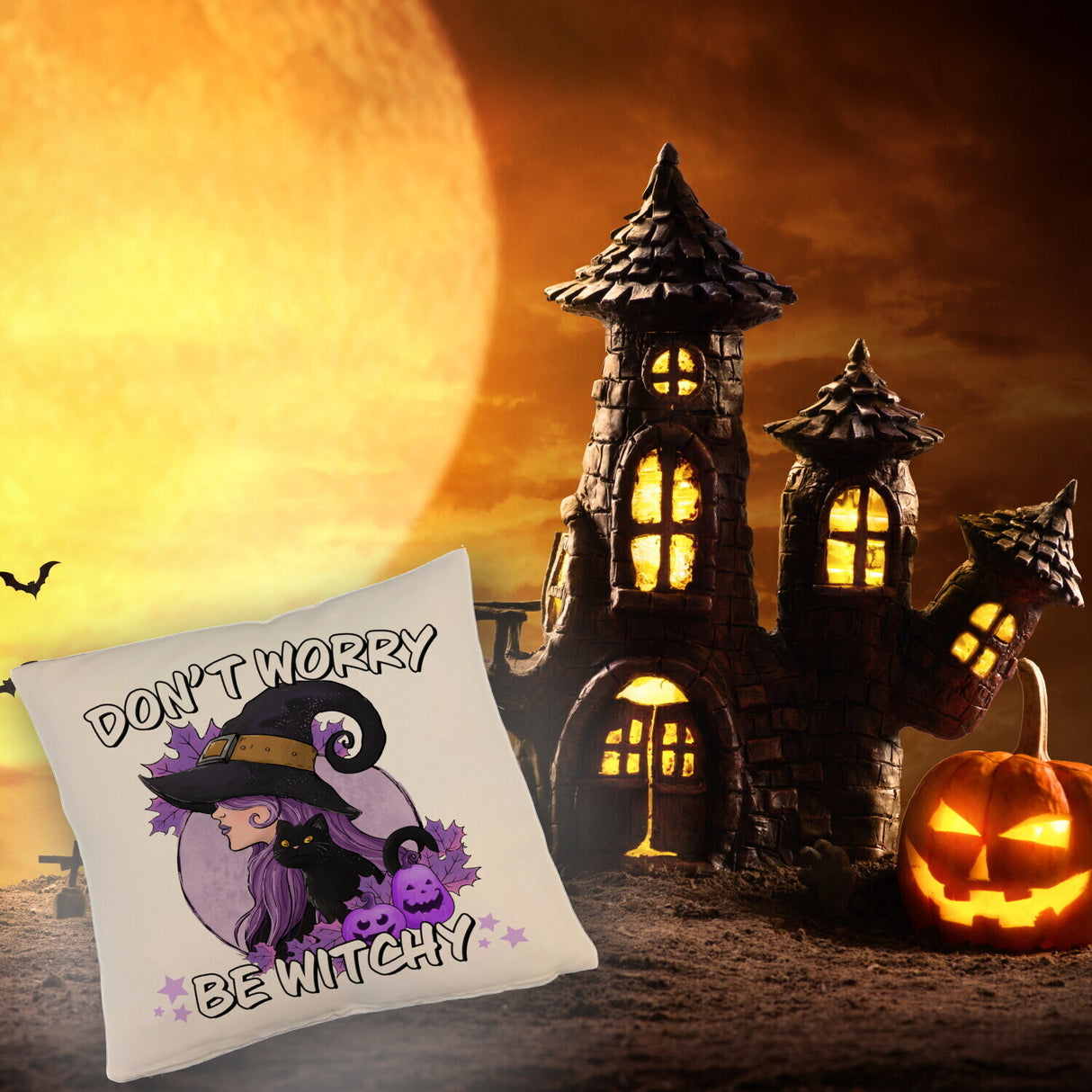 Hexen Kissen mit Spruch - Don't worry be witchy