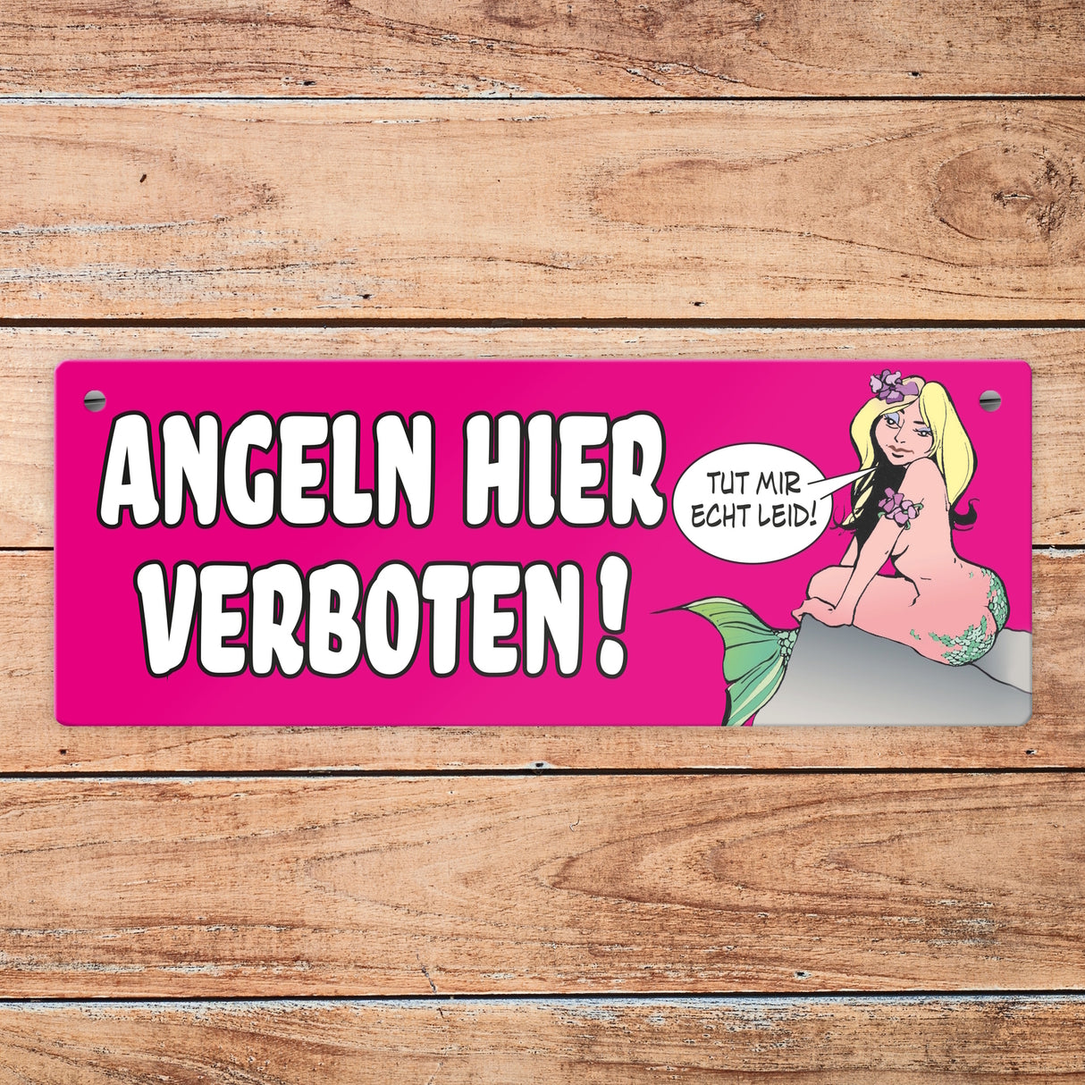 Angeln hier verboten! Metallschild in orange mit Meerjungfrau