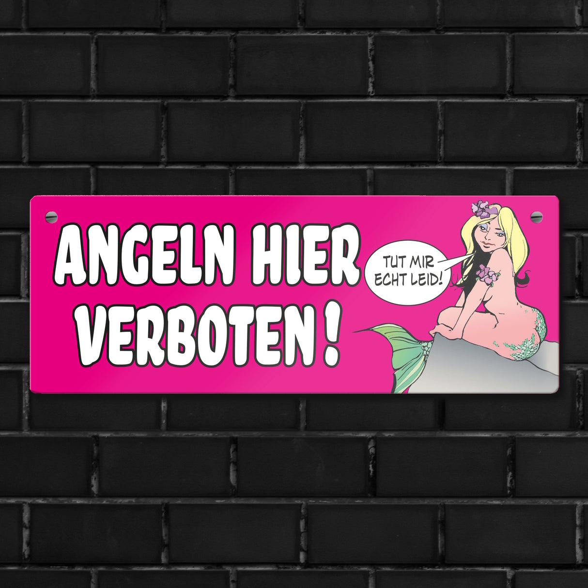 Angeln hier verboten! Metallschild in orange mit Meerjungfrau