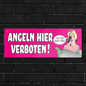 Angeln hier verboten! Metallschild in orange mit Meerjungfrau