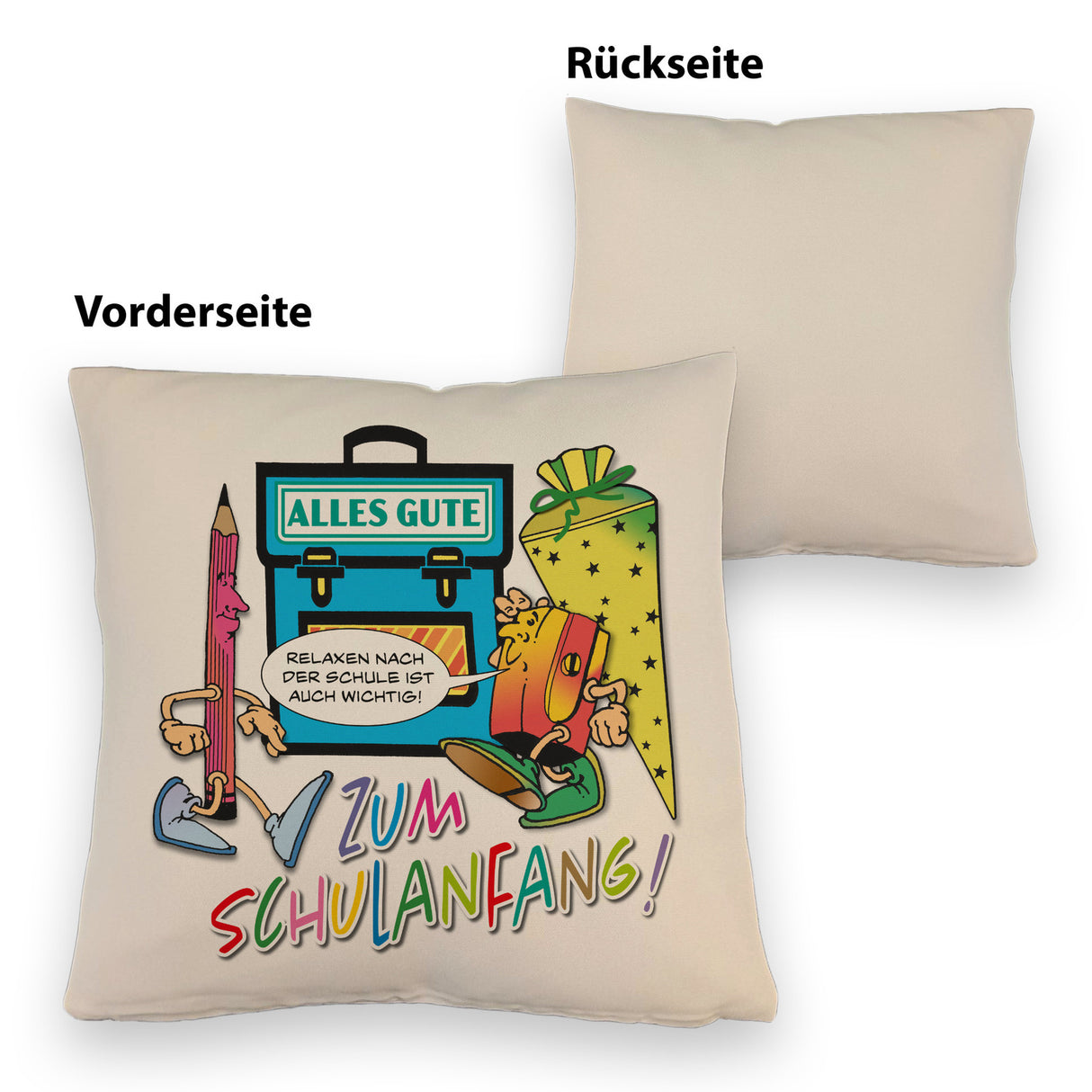 Alles Gute zum Schulanfang Kissen mit lustigen Schulmotiven