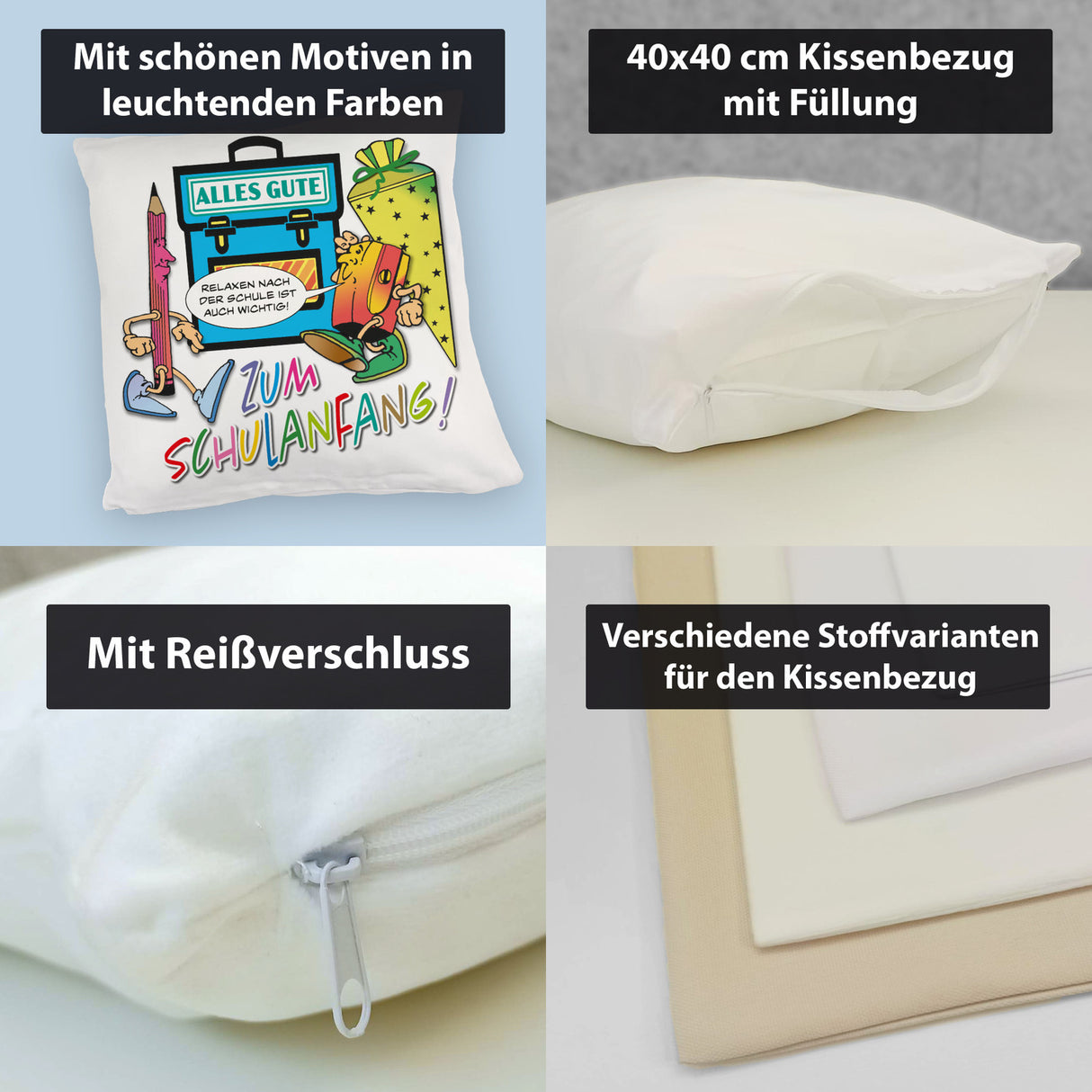 Alles Gute zum Schulanfang Kissen mit lustigen Schulmotiven