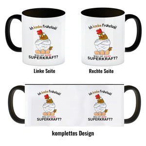 Huhn mit Eiern Kaffeebecher mit Spruch Ich kacke Frühstück
