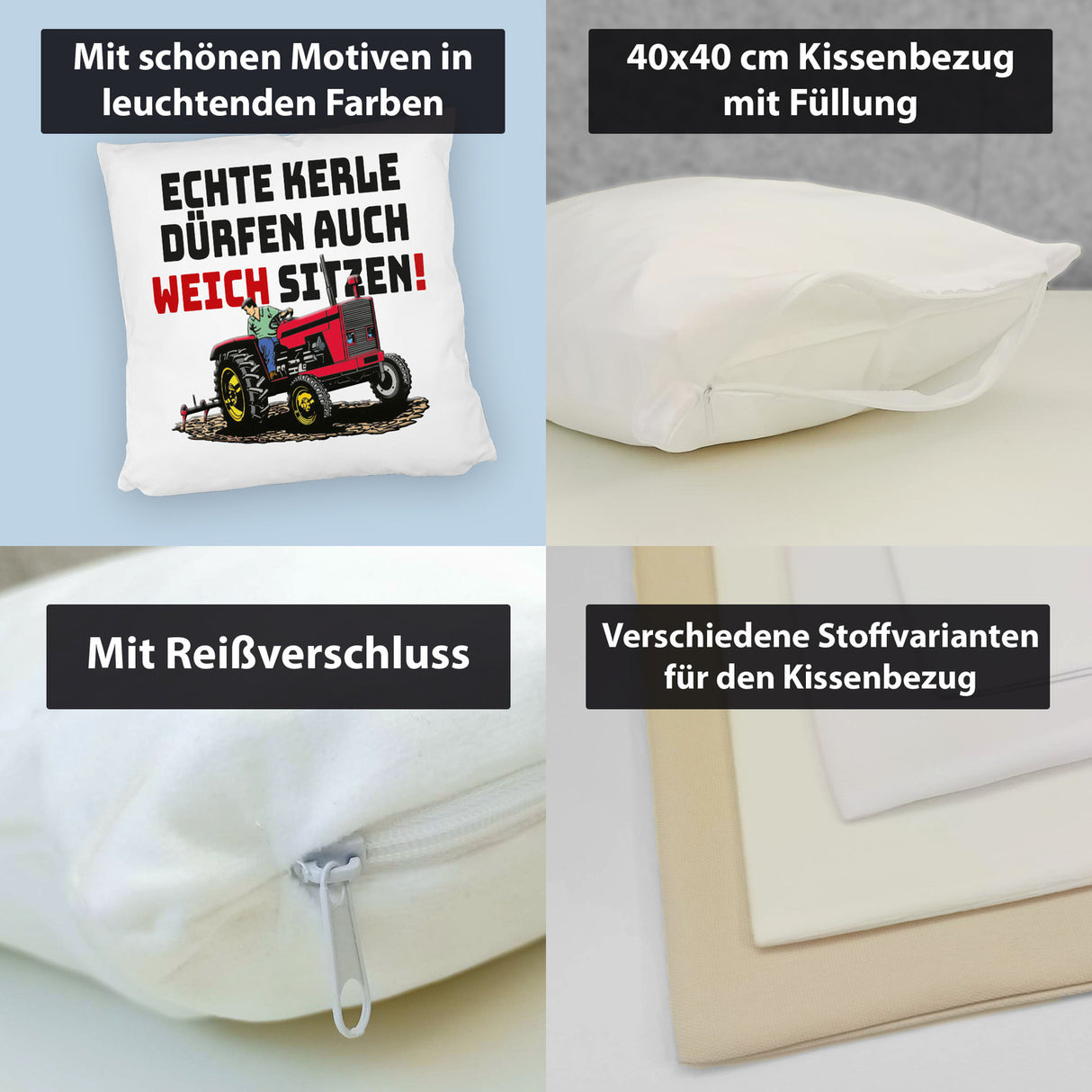 Traktor Kissen mit Spruch Echte Kerle dürfen auch weich sitzen!