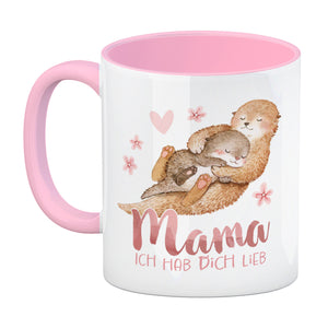 Otter Baby und Mutter Kaffeebecher mit Spruch Mama ich hab dich lieb