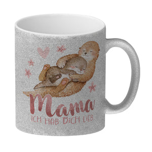 Otter Baby und Mutter Kaffeebecher mit Spruch Mama ich hab dich lieb