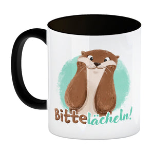 Lachender Otter Kaffeebecher mit Spruch Bitte lächeln