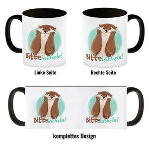Lachender Otter Kaffeebecher mit Spruch Bitte lächeln