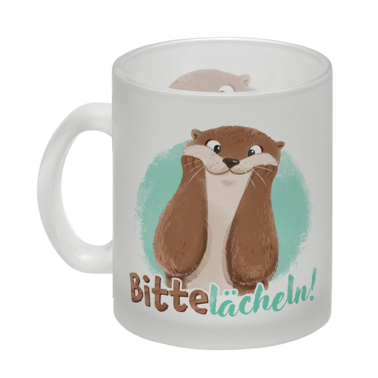 Lachender Otter Kaffeebecher mit Spruch Bitte lächeln