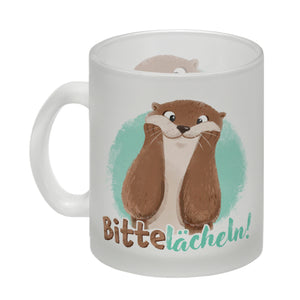Lachender Otter Kaffeebecher mit Spruch Bitte lächeln