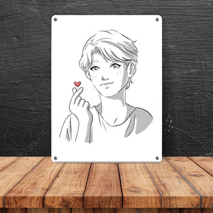 K-Pop Herz Zeichen Metallschild in 15x20 cm mit Manga Charakter in Farbe