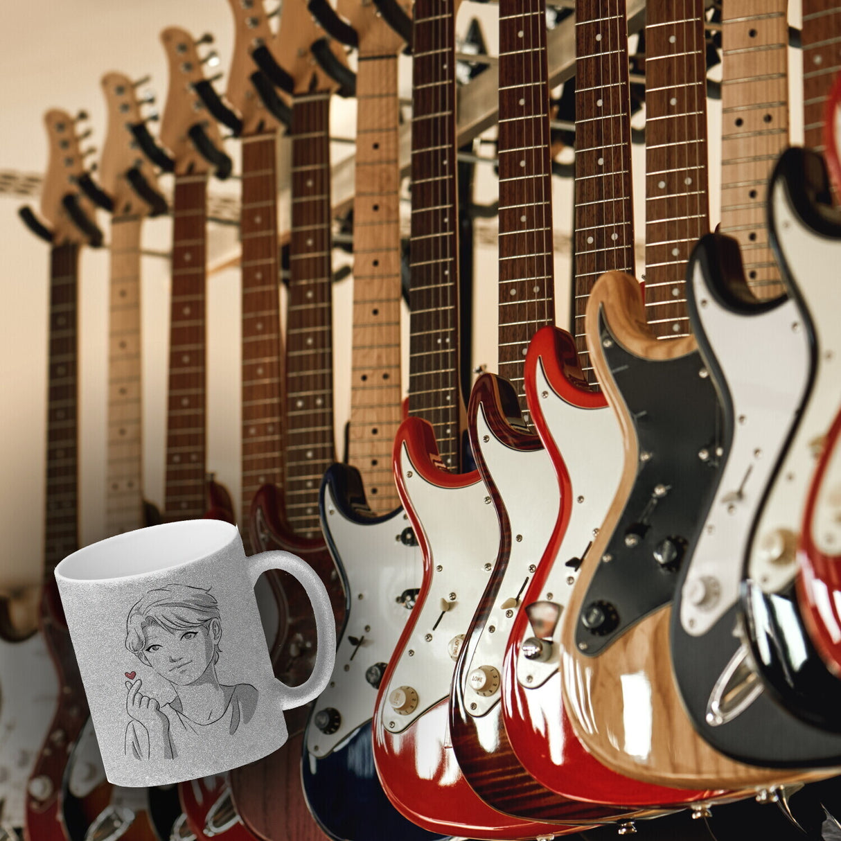 K-Pop Herz Zeichen Kaffeebecher mit Manga Charakter in Farbe