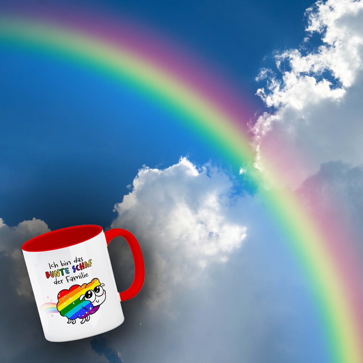 Das bunte Schaf der Familie in Pride-Farben Kaffeebecher mit Spruch