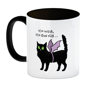 Schwarze Katze Kaffeebecher mit Spruch Ich weiß ich bin süß