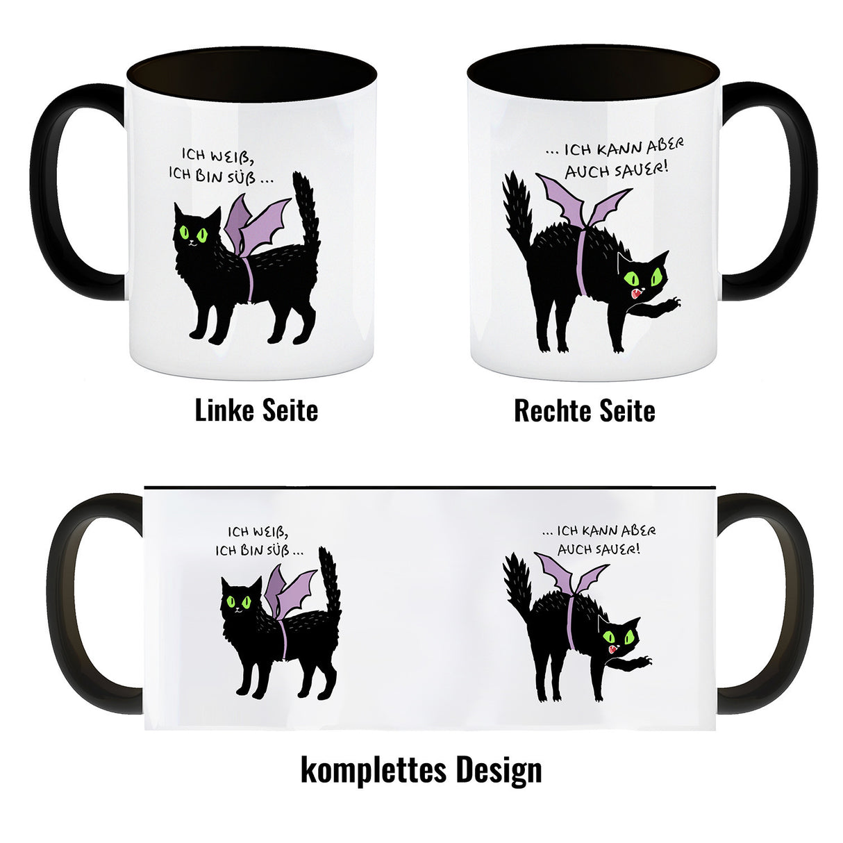 Schwarze Katze Kaffeebecher mit Spruch Ich weiß ich bin süß