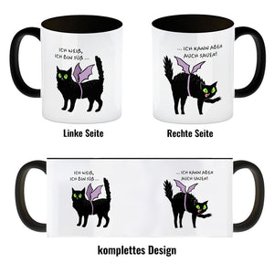 Schwarze Katze Kaffeebecher mit Spruch Ich weiß ich bin süß
