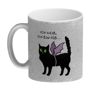 Schwarze Katze Kaffeebecher mit Spruch Ich weiß ich bin süß