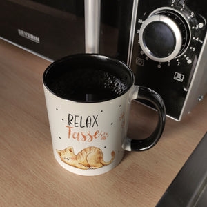 Relaxte Katze Kaffeebecher mit Spruch Relax Tasse