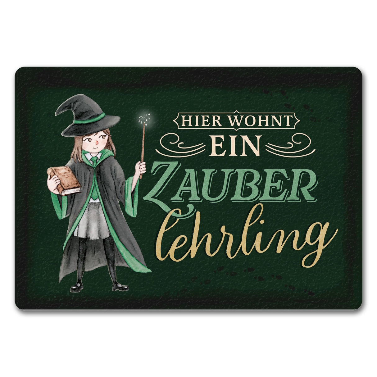 Zauberlehrling Fußmatte in 35x50 cm mit Zauberschülerin mit dunklem Hintergrund