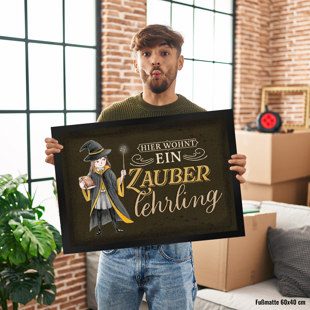 Zauberlehrling Fußmatte in 35x50 cm mit Zauberschülerin mit dunklem Hintergrund