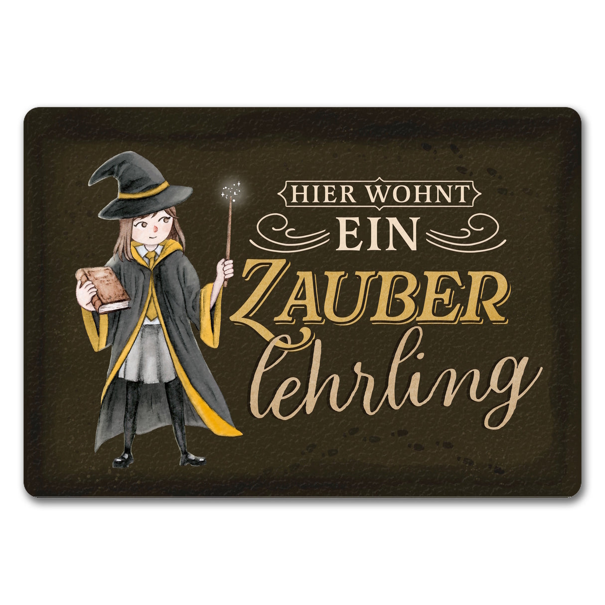 Zauberlehrling Fußmatte in 35x50 cm mit Zauberschülerin mit dunklem Hintergrund